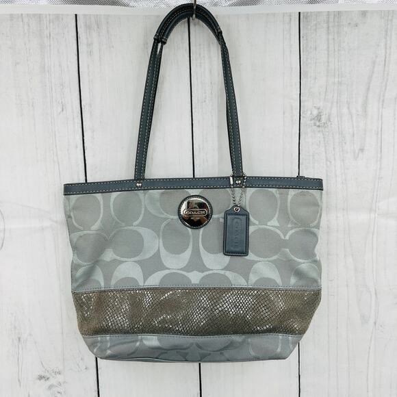 Coach gray signature stripe canvas leather tote shoulder bag purse F1126-F18365 - Picture 3 of 14